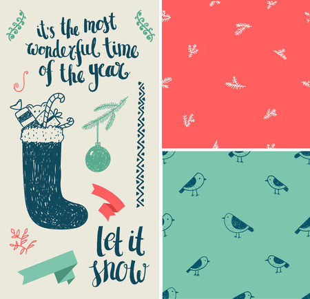 Vector Christmas, New Year set. Hand drawn winter holiday elements, seamless patterns, lettering. Isolated, easy editingのイラスト素材