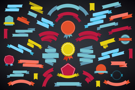 vector set of colorful empty retro ribbons and badges isolated, vintage collection on dark background. Use for decoration, design, cards, logosのイラスト素材