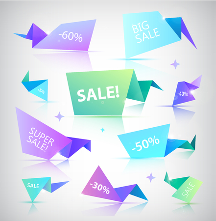Vector set of colorful sale banners, bubbles, 3d paper origami icons. Super Sale paper banner. Sale background. Sale tag. Sale poster. Sale vector. Super Sale and special offer.のイラスト素材