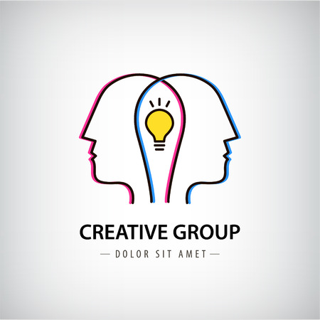 Vector abstract two people with light bulb. Vector logo design. Concept for social network, team work, partnership, friends, business cooperation, coworking, creative team, group logoのイラスト素材