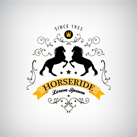 Vector horses logo, emblem. Vintage style with swirls and ribbon logo, icon, classicのイラスト素材