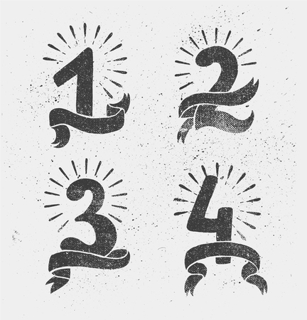 Vector set of anniversary numbers design. 1, 2, 3, 4 icons, compositions with ribbons. Black and white, hipster modern style, retro. Blackboardのイラスト素材