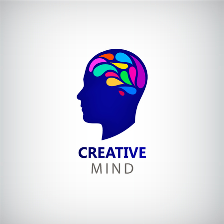 Vector man face silhouette with colorful brain. Abstract brainstorming creative sign or symbol. Creativity, generating ideas, minds flow, thinking, imagination, inspiration concept.のイラスト素材