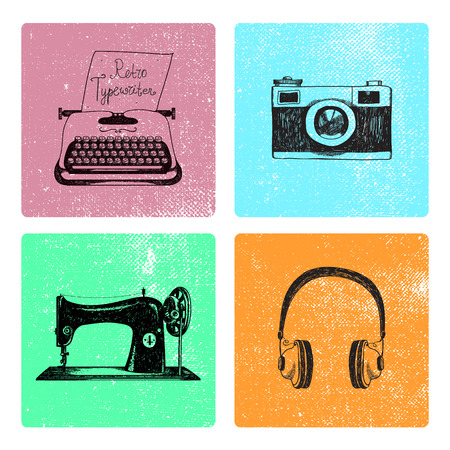 Vector set of hand drawn retro vintage cards with objects. Typewriter, camera, sewing machine, headphones illustrationのイラスト素材