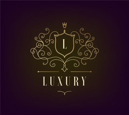 Vector Luxury Logo template flourishes with calligraphic elegant ornament lines. Business sign, identity for Restaurant, Royalty, Boutique, Cafe, Hotel, Heraldic, Jewelry. Classic styleのイラスト素材