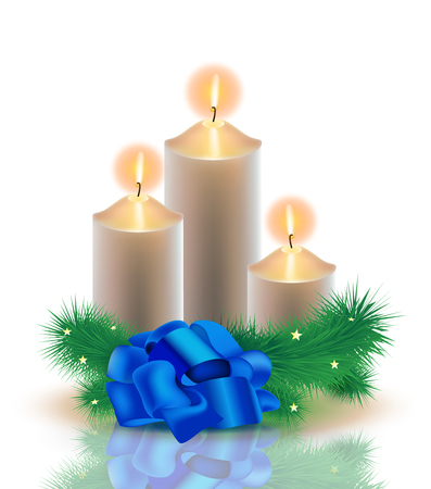 Vector realistic illustration. 3 burning golden Christmas candles with christmas tree and bow tie on white background isolatedのイラスト素材