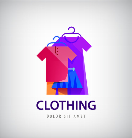 Vector clothing logo, online shop, fashion icon. Clothes hanging on the hangers illustrationのイラスト素材