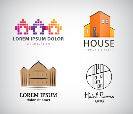 Vector set of house logos, hotel, apartment, real estate, building icons. Various stylesのイラスト素材