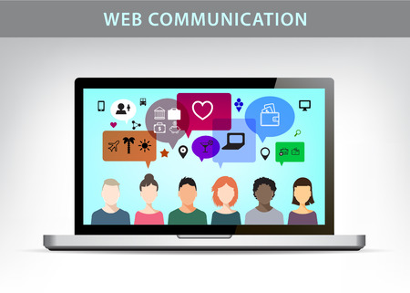 Vector web communication illustration, social net concept. People talking on different topics, realistic monitor of laptopのイラスト素材