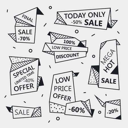 Vector set of sale origami outline banners with textures.のイラスト素材