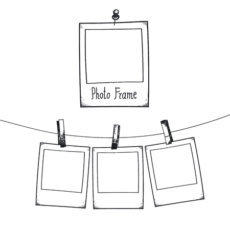 Vector hand drawn doodle illustration of retro photo frame. Hanging photos in a photo studio.の写真素材