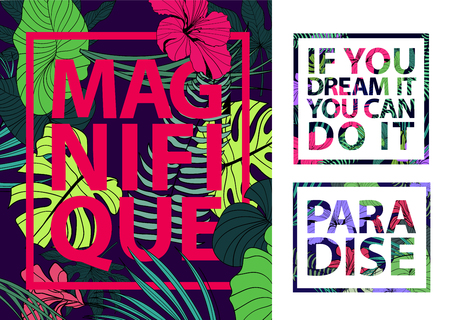 Vector set of colorful tropical quotes in square frames. Valentine card, romantic poster, banner, cover. Inspiration. Tropical print slogan.のイラスト素材