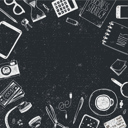 Vector set of hand drawn office tools. Freelance, tools for making business online, entrepreneur. Mock up, top view.のイラスト素材