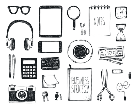 Vector set of hand drawn office tools. Freelance, tools for making business online, entrepreneur. Mock up, top view.のイラスト素材