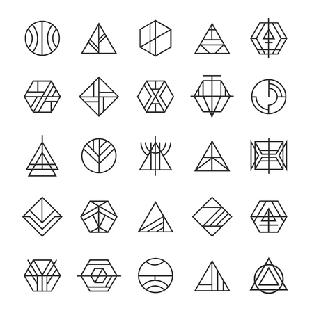 Vector set of abstract linear hipster, tribal logos. Geometric icons, identity, stamps, signs, marks and stickersのイラスト素材