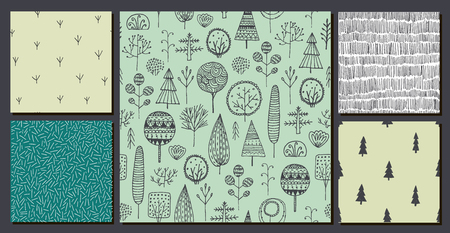 Vector set of hand drawn nature, forest, trees, abstract seamless doodle patternsのイラスト素材