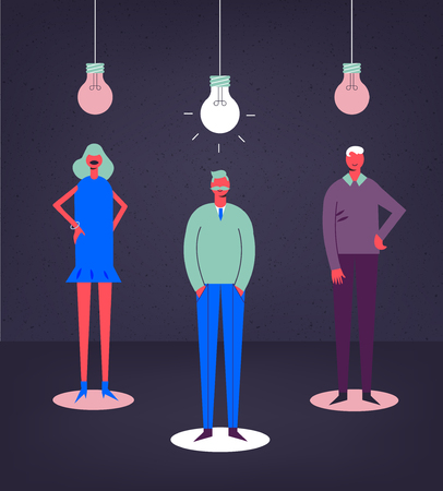 Vector business concept illustration. Stylized characters. Creative group, teamwork. Shining bulb, men and womanのイラスト素材
