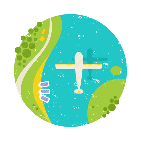 Vector summer colorful illustration, travelling, holidays. Flying white plane under the river, sea. Romantic, in circle, top viewのイラスト素材