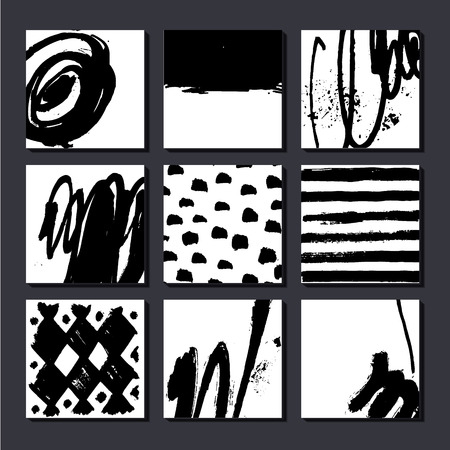 Vector set of artistic cards, posterls, art hand drawn compositions. May be used as background, cover, flyer etc. black and white, graphicsのイラスト素材