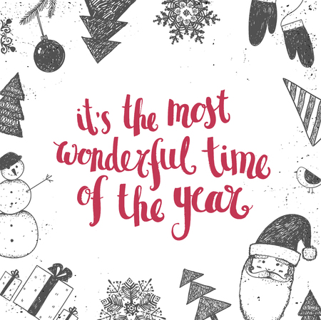 Vector Christmas, New Year illustration. Lettering, hand drawn holiday elements. Use as card, poster, bannerのイラスト素材