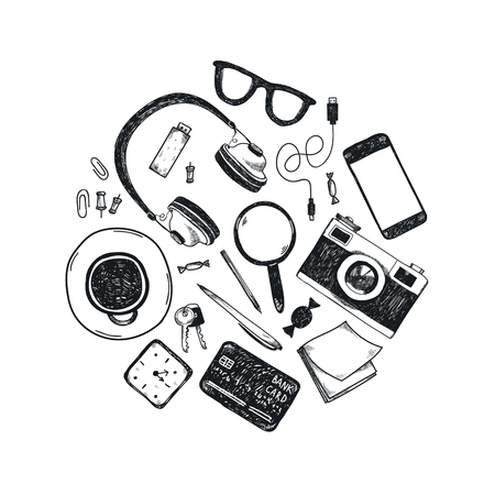 Vector set of hand drawn office tools in circle. Freelance, tools for making business online, entrepreneur. Mock up, top view. Black and whiteのイラスト素材