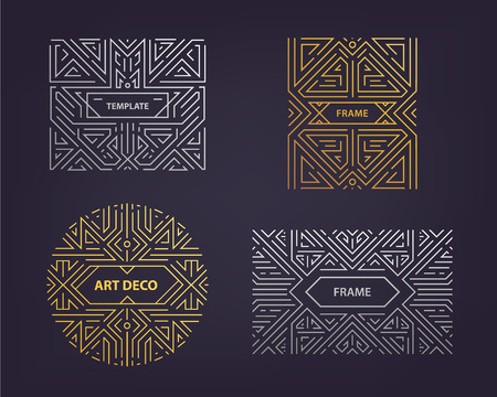 Vector monogram design elements in trendy vintage and mono line style with space for text - abstract golden and silver geometric frames, packaging template . Use for ad, poster, card, cover.のイラスト素材