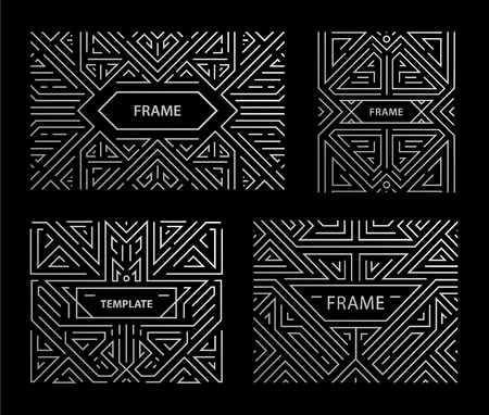 Vector set of art deco frames, adges, abstract geometric design templates for luxury products. Linear ornament compositions, vintage. Use for packaging, branding, decoration, etc. Square, silverのイラスト素材