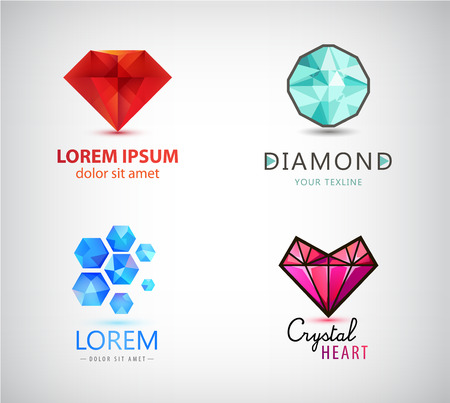 Vector set of diamond, crystal logos. Jewelry, gem icons isolated, facet shapeのイラスト素材