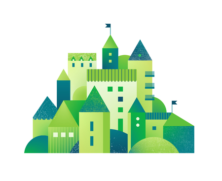 Green City with buildings and towers and trees. Flat style vector illustration with textures. Eco town, geometricのイラスト素材