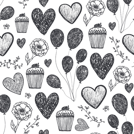 Vector Vintage seamless birthday, party background, pattern. Balloons, cakes, hearts. Valentine, love, romantic Hand drawn doodle style black and whiteのイラスト素材
