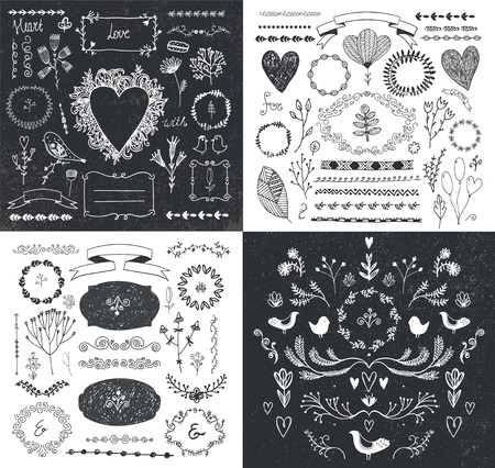 Vector set of hand drawn doodle branches, frames, borders, laurels. Linear romantic wedding collection, graphic design cute elements, vintage decorations, florals, swirlのイラスト素材