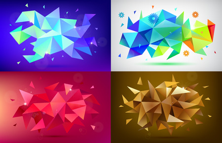 Vector set of abstract facet 3d shapes, geometric banners. Low poly triangle posters, modern concept backgroundのイラスト素材