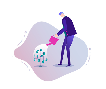 Vector business illustration, stylized character. Investment concept, businessman growing money tree, watering it.のイラスト素材