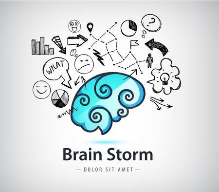 Vector brain storming creative idea  , brain icon with doodle hand drawn charts, faces, arrows. Innovation and solution, creative teamwork illustrationのイラスト素材