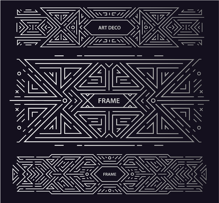 Vector set of art deco frames, adges, abstract geometric design templates for luxury products. Linear ornament compositions, vintage. Use for packaging, branding, decoration, etc. Silverのイラスト素材