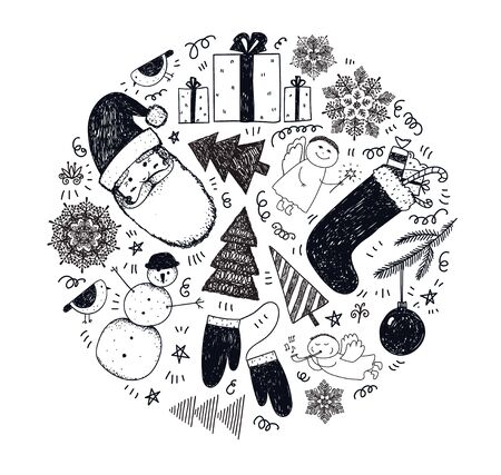 Vector set of hand drawn doodle Christmas, New Year illustrations. Santa, stocking, presents, snowman, christmas trees, snowflakesのイラスト素材