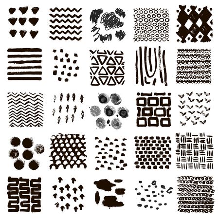 Vector hand drawn decorative patterns with doodle shapes. Hand painted grungy colorful ink doodles isolated. Trendy artistic textures for paper, fabric, backdrops, wrapping. Ink dots, spots, trianglesのイラスト素材