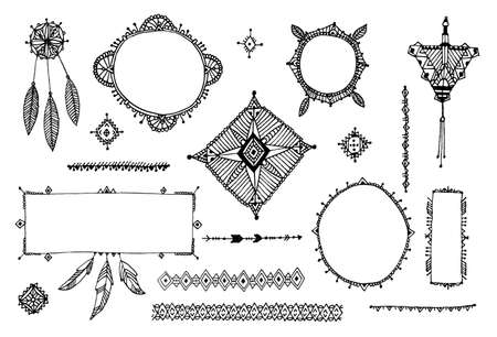 Vector boho decor set, collection of hand drawn doodle borders, dividers, design elements, arrows. Isolated. May be used for wedding invitations, birthday cards, bannersのイラスト素材