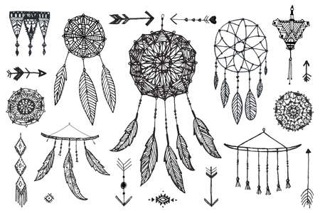 Vector boho decor set, collection of hand drawn doodle borders, dream catchers, dividers, design elements, arrows. Isolated. May be used for wedding invitations, birthday cardsのイラスト素材