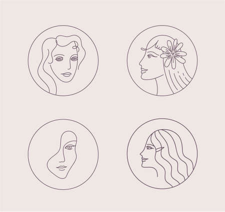 Vector line woman logo for business, social net profile. Beauty, health, personal hygiene, cosmetics. A female face. Use for beauty salon, health industry, makeup artistのイラスト素材