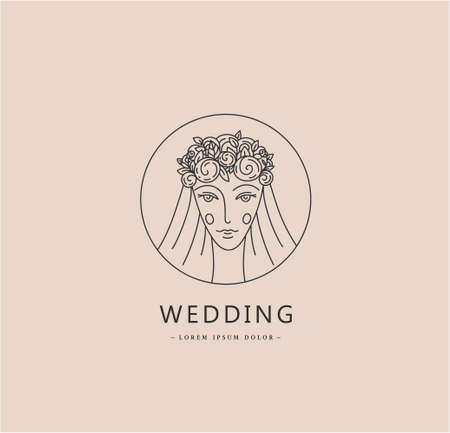 Vector woman face logo, bride, wedding linear minimal sign. Beauty, lady with veil and floral wreath linear illustration. Use for social net profile, card, brandingのイラスト素材