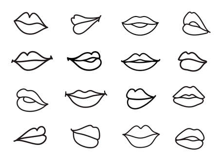 Vector set of lips illustration. Linear sketch women lipsのイラスト素材