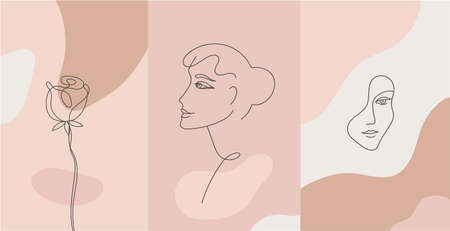 Vector minimalist style portrait. Line flower, woman portrait. Hand drawn abstract feminine print. Use for social net stories, beauty logos, poster illustration, cardのイラスト素材
