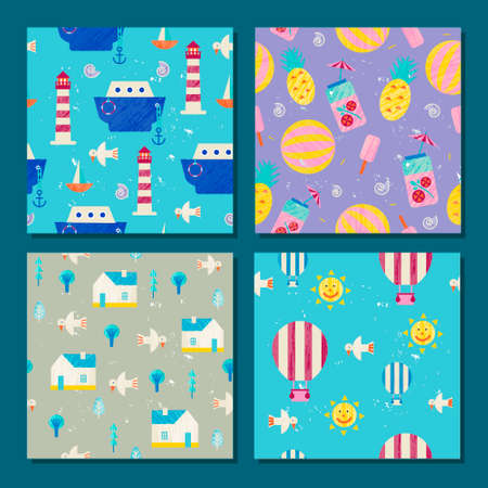 Vector set of summer childish seamless patterms. Ships, lighthouses, pineapples, village, air...