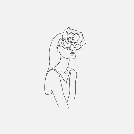 Vector hand drawn linear art, woman face with flower, continuous line, fashion concept, feminine beauty minimalist. Print, illustration for t-shirt, design, logo for cosmeticsのイラスト素材