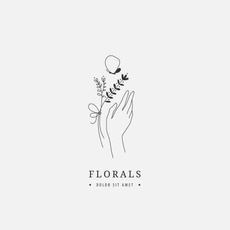 Vector abstract logo design template - hands with flowers and butterfly. Trendy linear minimal style, icon for cosmetics, beauty and handmade productsのイラスト素材