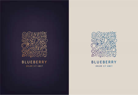 Vector line logo design template leaves and blueberries. Nature badge for holistic medicine centersのイラスト素材