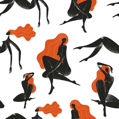 Vector seamless women silhouettes pattern, illustration. International Womens Day. Black and red, graphic beauty, body careの写真素材