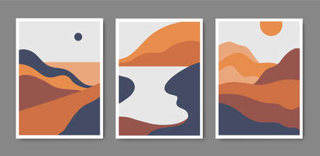 Vector set of minimalist mountain landscapes, cover design, posters, abstract art, cards. Mountain...