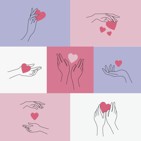 Vector set of linear logos with hands holding hearts. Valentine, romantic, charity cards, banners, illustrationsのイラスト素材